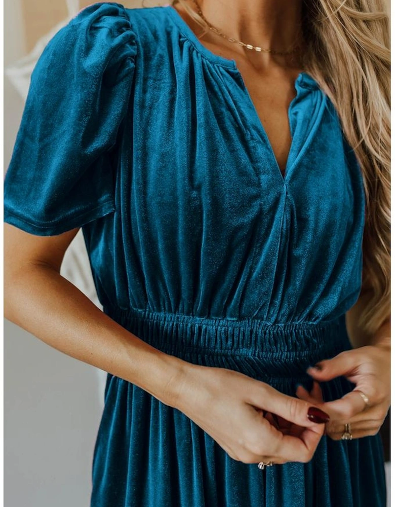Prussian Blue Velvet Short Sleeve Shirred Waist Tiered Maxi Dress