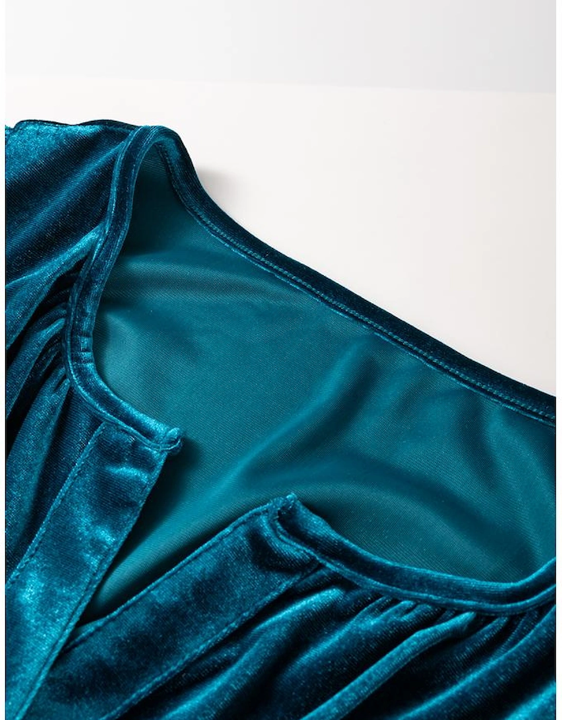 Prussian Blue Velvet Short Sleeve Shirred Waist Tiered Maxi Dress