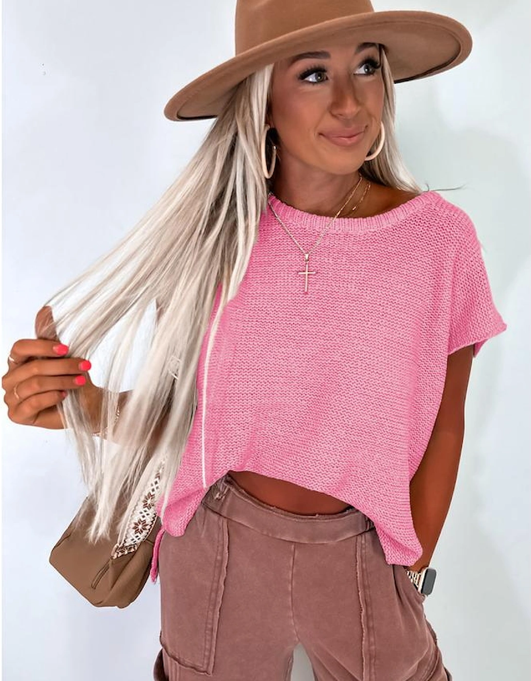 Sachet Pink Solid Color Sweater Tee with Side Slits