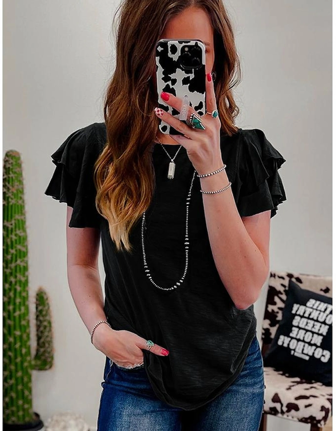 Black Layered Ruffle Short Sleeve Round Neck Top