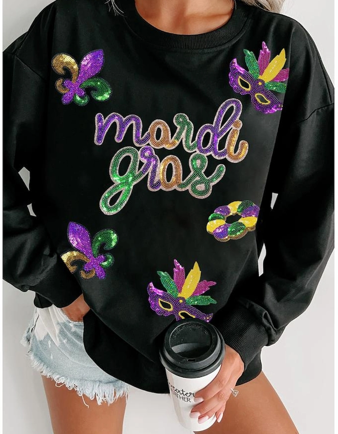 Black Sequin mardi gras Fleur de Lis Graphic Pullover Sweatshirt