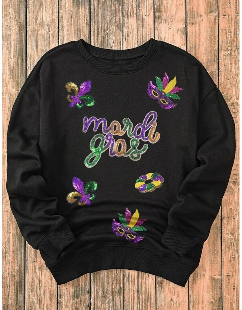 Black Sequin mardi gras Fleur de Lis Graphic Pullover Sweatshirt