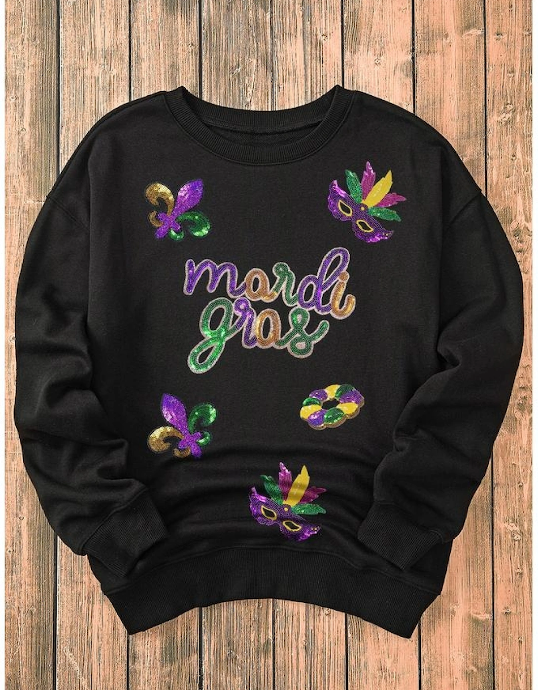 Black Sequin mardi gras Fleur de Lis Graphic Pullover Sweatshirt