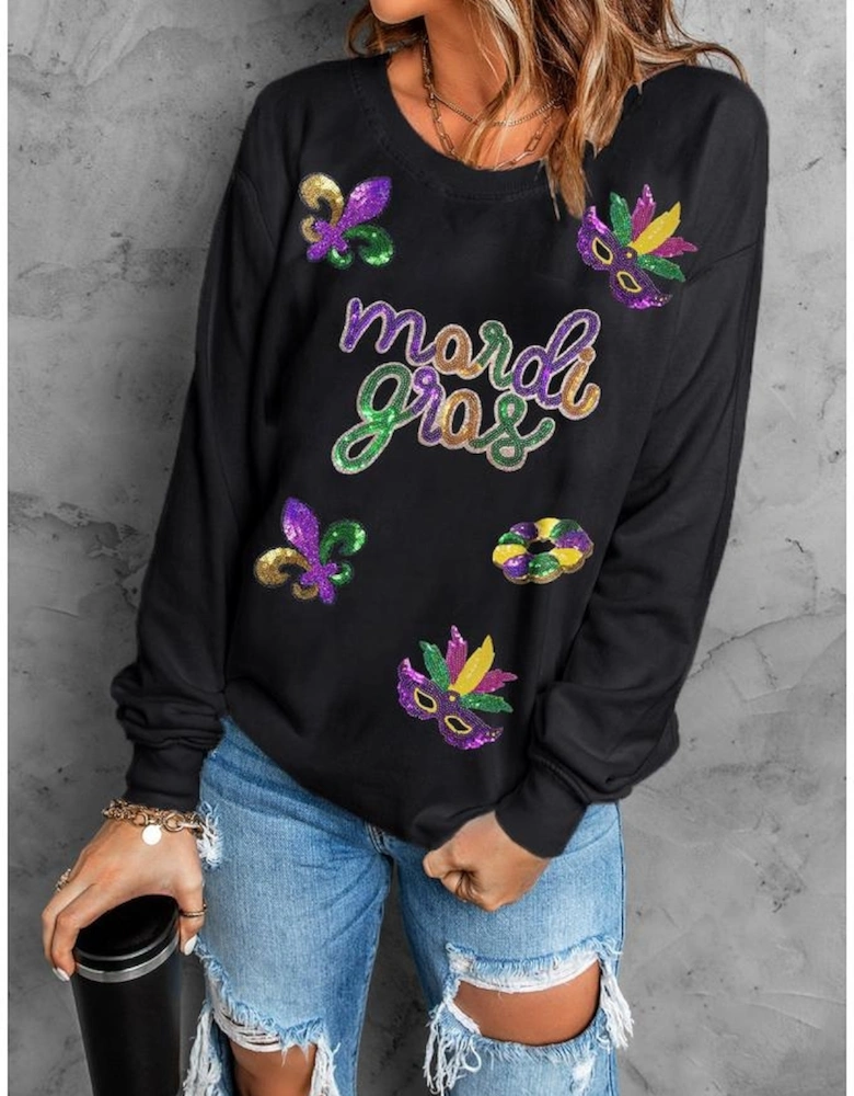 Black Sequin mardi gras Fleur de Lis Graphic Pullover Sweatshirt