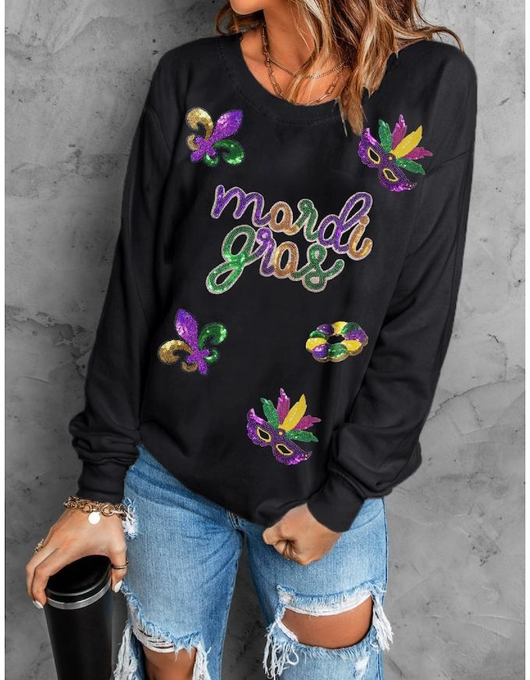 Black Sequin mardi gras Fleur de Lis Graphic Pullover Sweatshirt