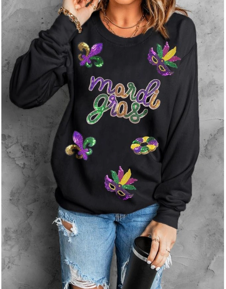 Black Sequin mardi gras Fleur de Lis Graphic Pullover Sweatshirt