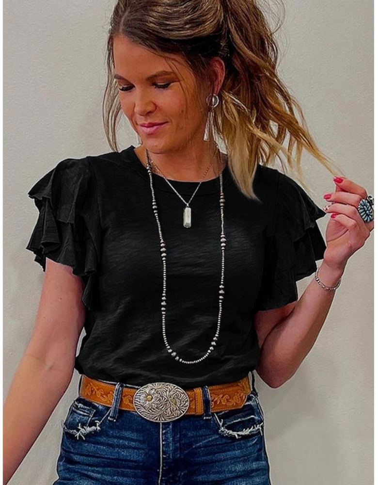 Black Layered Ruffle Short Sleeve Round Neck Top