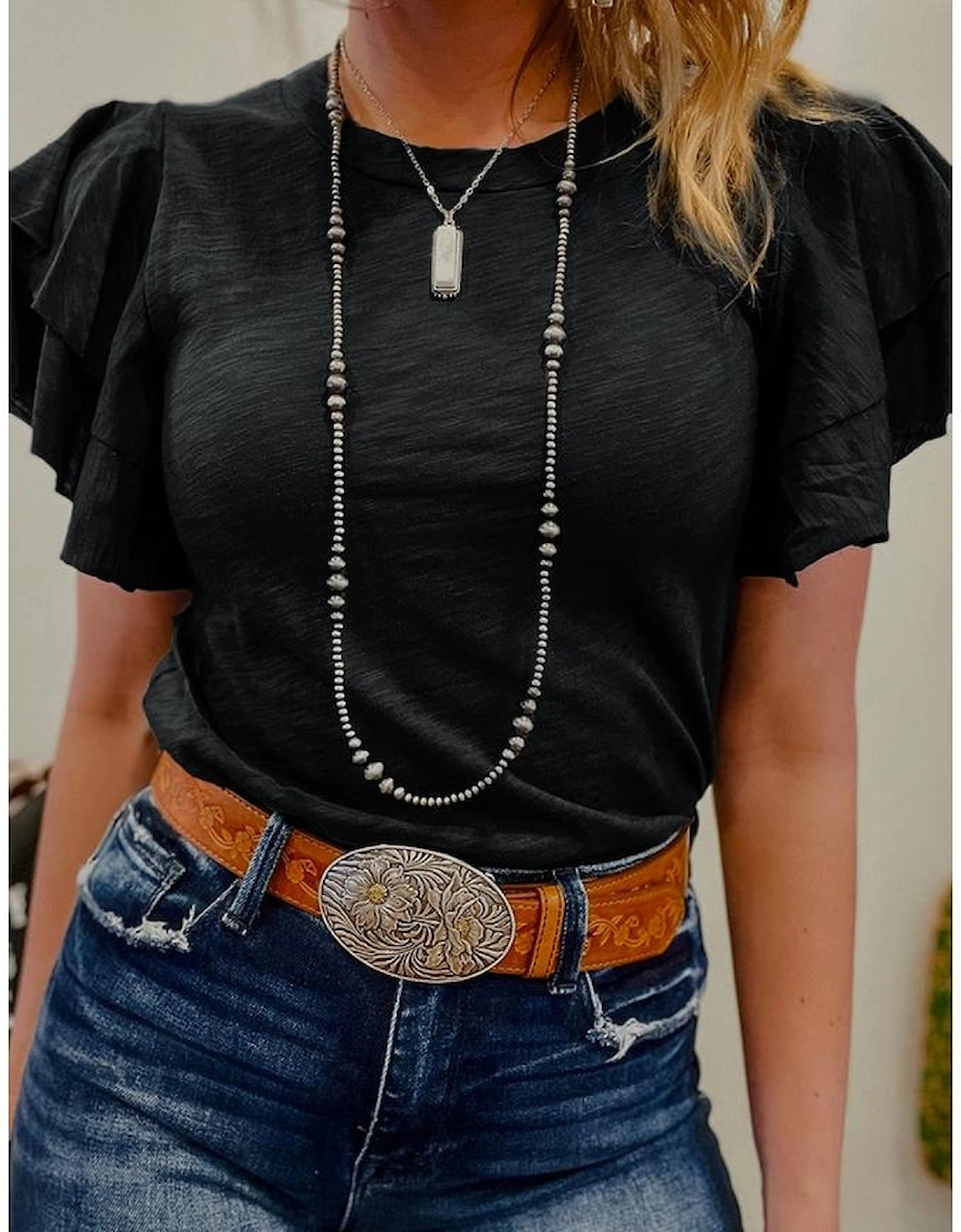 Black Layered Ruffle Short Sleeve Round Neck Top