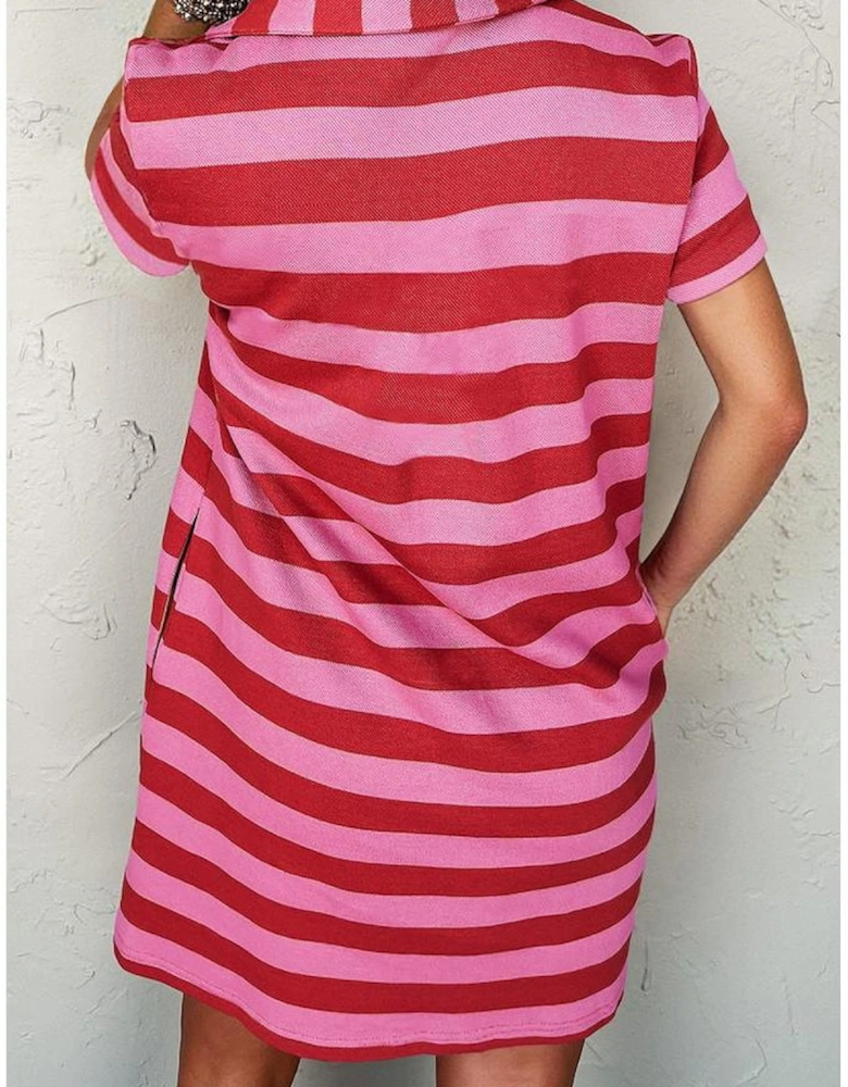 Red Stripe Textured Knit Collared V Neck Shift T Shirt Dress