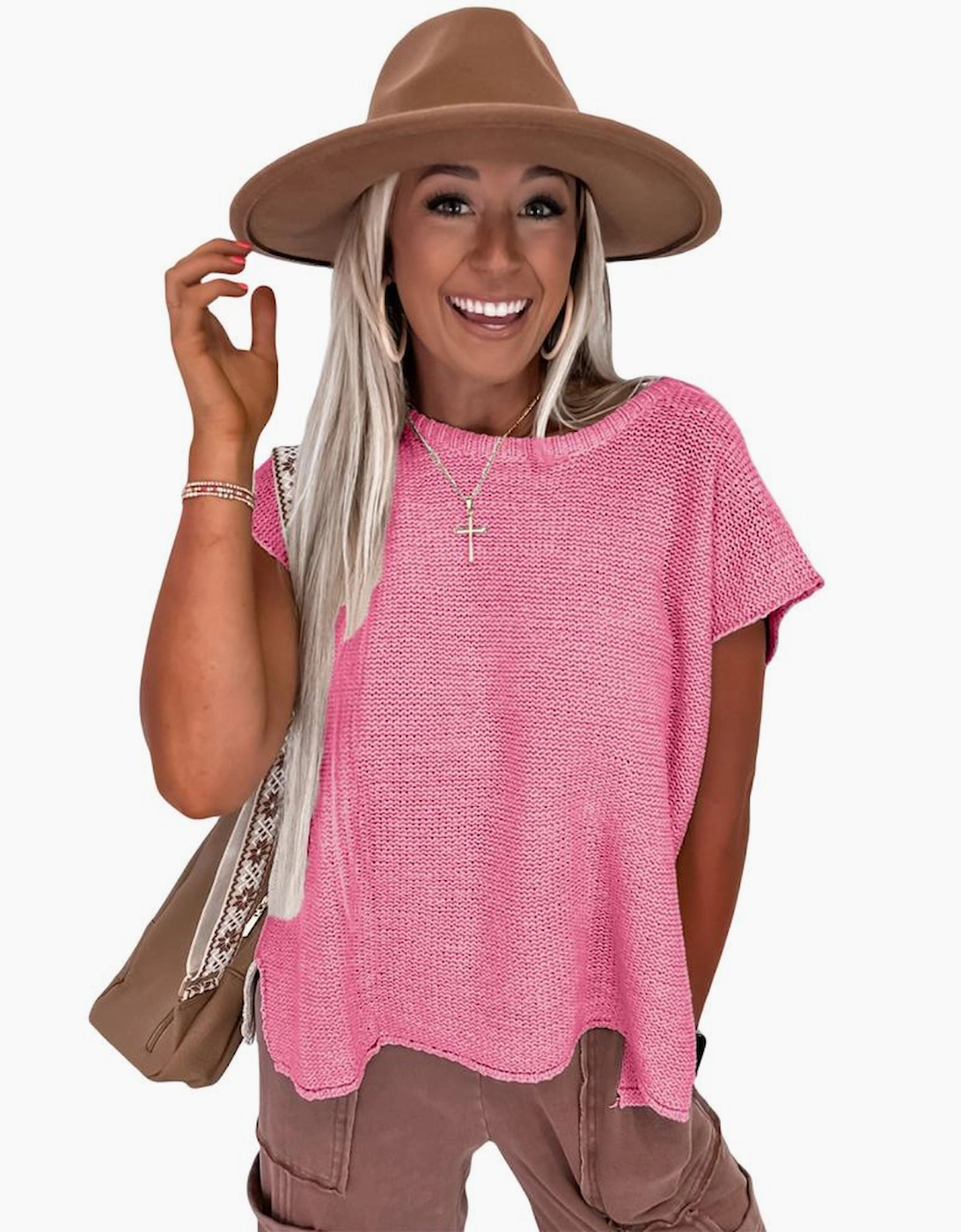 Sachet Pink Solid Color Sweater Tee with Side Slits