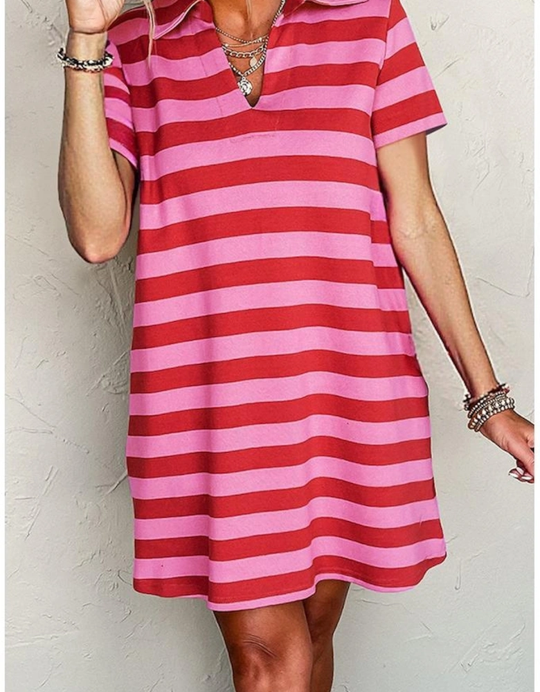 Red Stripe Textured Knit Collared V Neck Shift T Shirt Dress