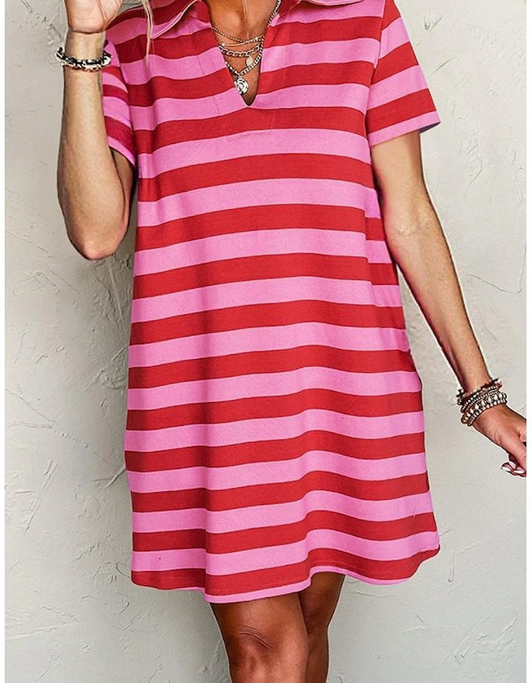 Red Stripe Textured Knit Collared V Neck Shift T Shirt Dress