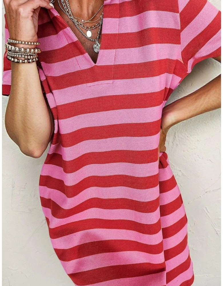 Red Stripe Textured Knit Collared V Neck Shift T Shirt Dress
