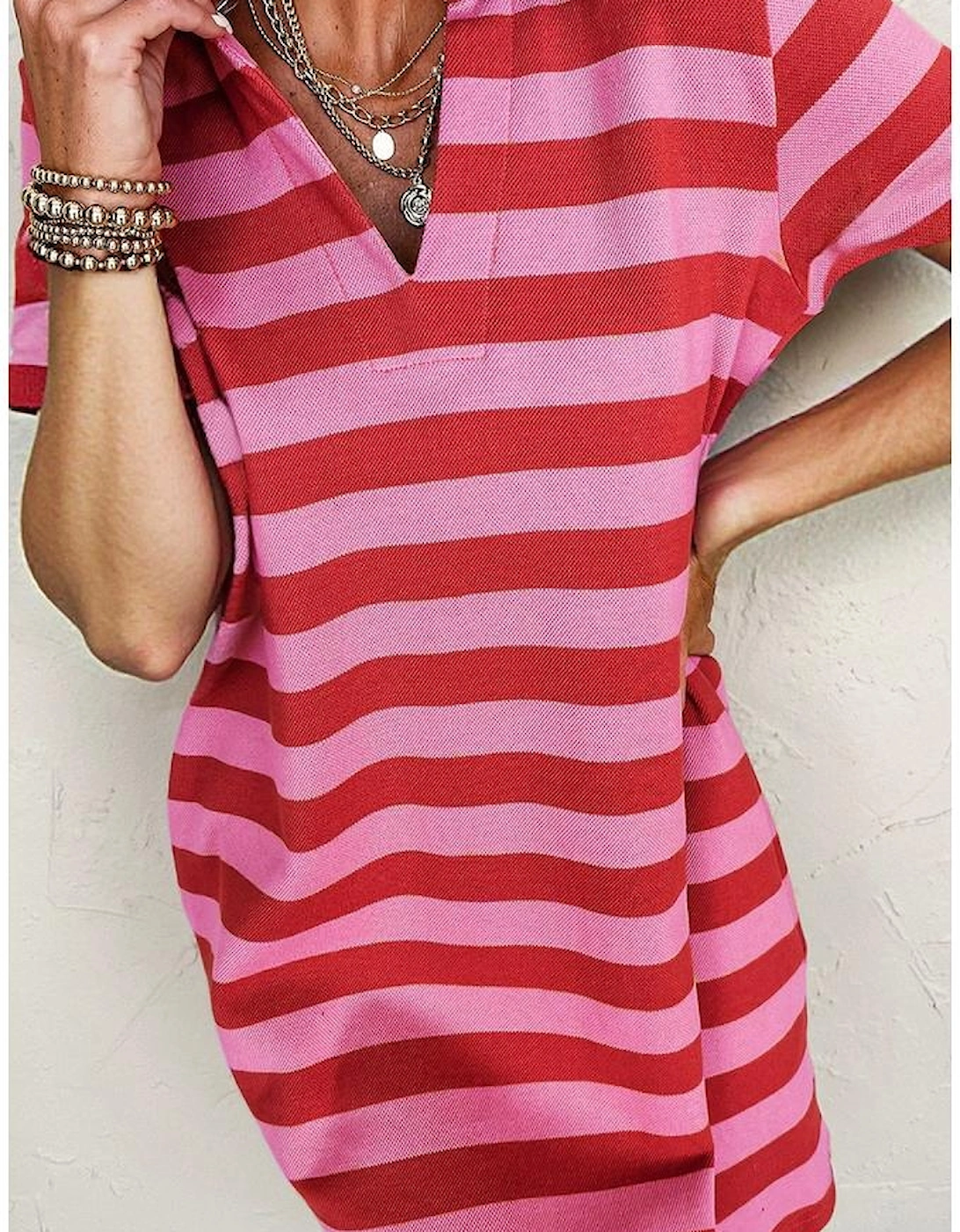 Red Stripe Textured Knit Collared V Neck Shift T Shirt Dress
