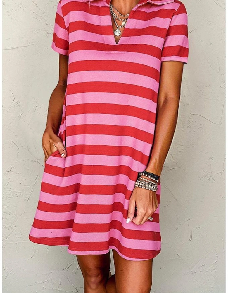 Red Stripe Textured Knit Collared V Neck Shift T Shirt Dress