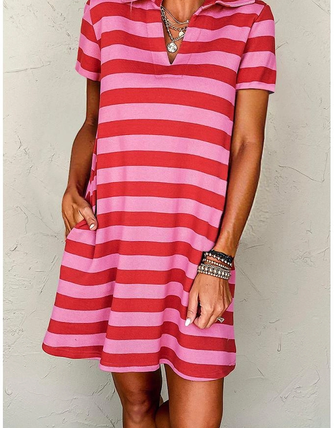 Red Stripe Textured Knit Collared V Neck Shift T Shirt Dress