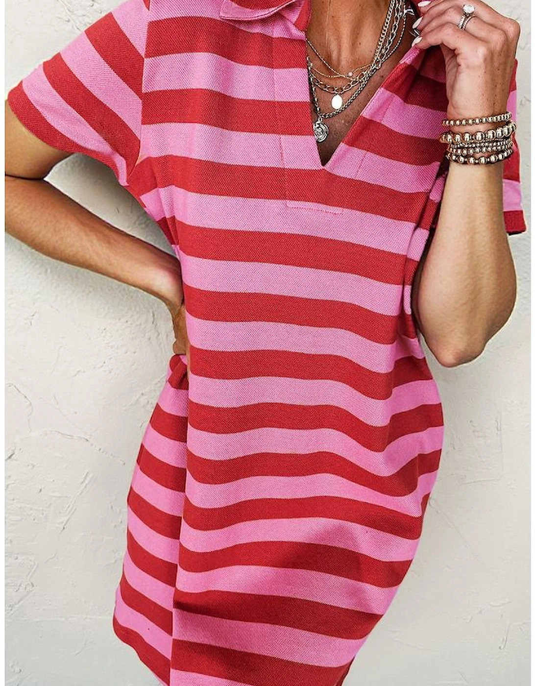 Red Stripe Textured Knit Collared V Neck Shift T Shirt Dress