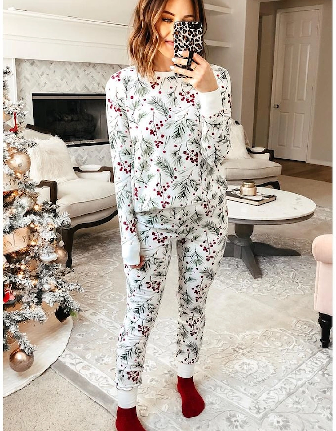 White Holly Print Thermal Pullover Pants Lounge Set
