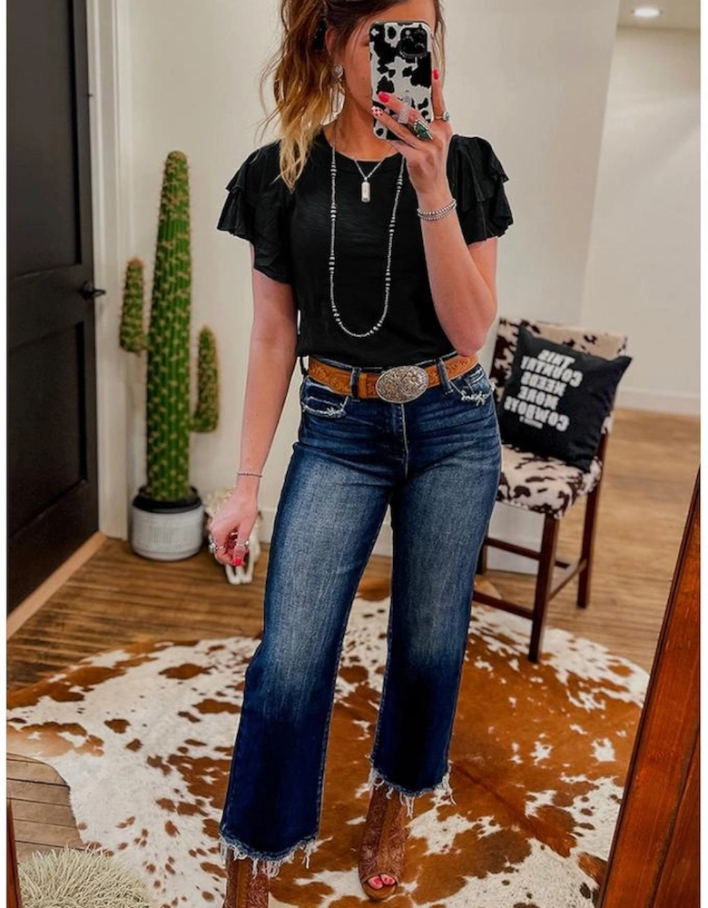 Black Layered Ruffle Short Sleeve Round Neck Top