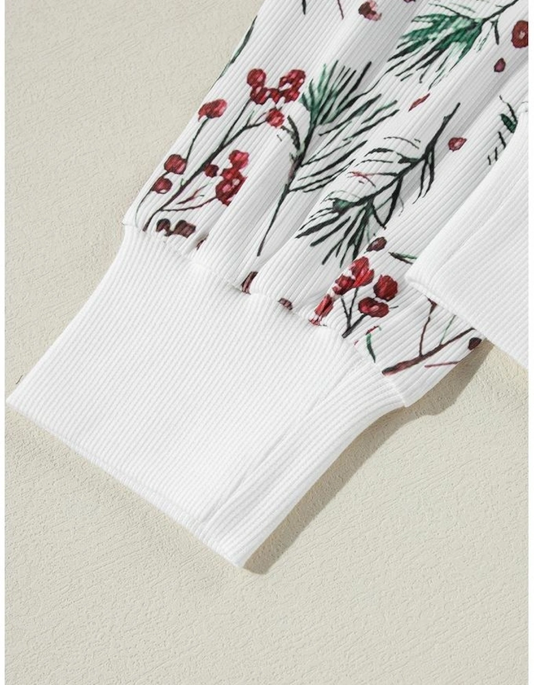 White Holly Print Thermal Pullover Pants Lounge Set