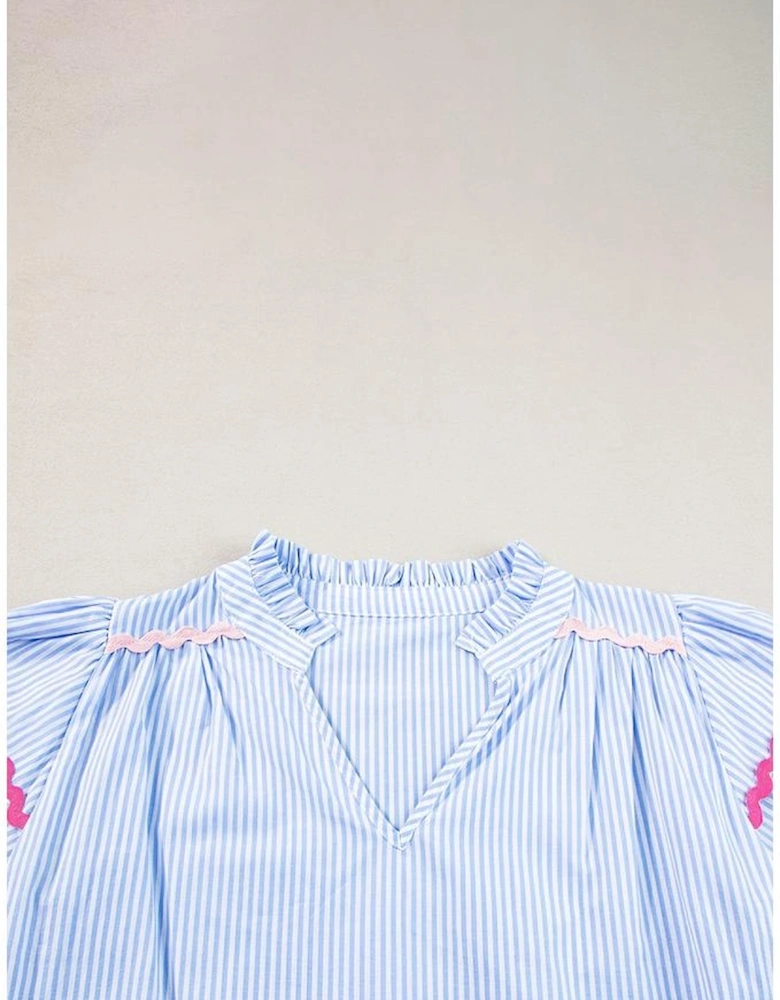 Sky Blue Stripe Ricrac Trim Split Neck Striped Ruffled Sleeve Blouse