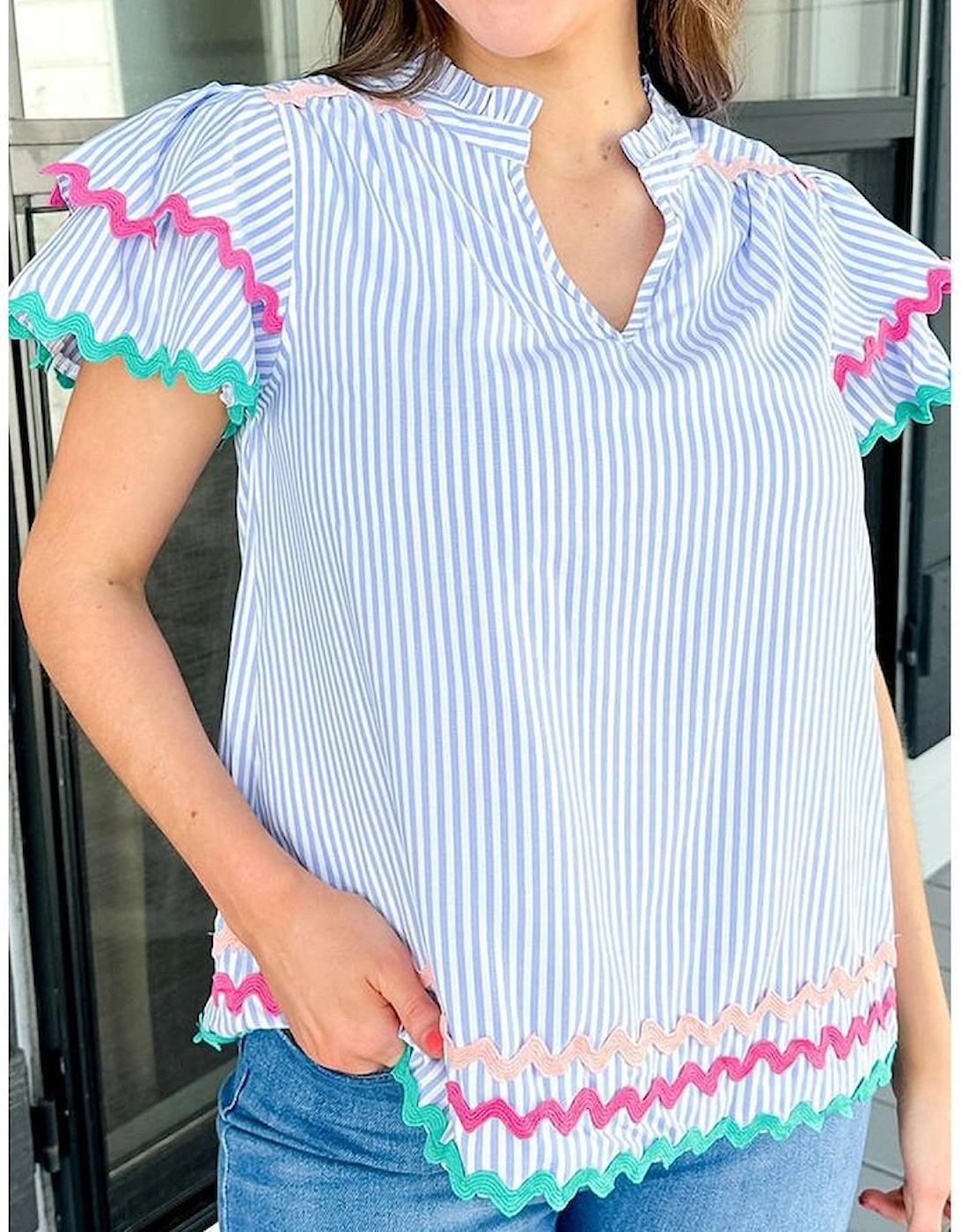 Sky Blue Stripe Ricrac Trim Split Neck Striped Ruffled Sleeve Blouse