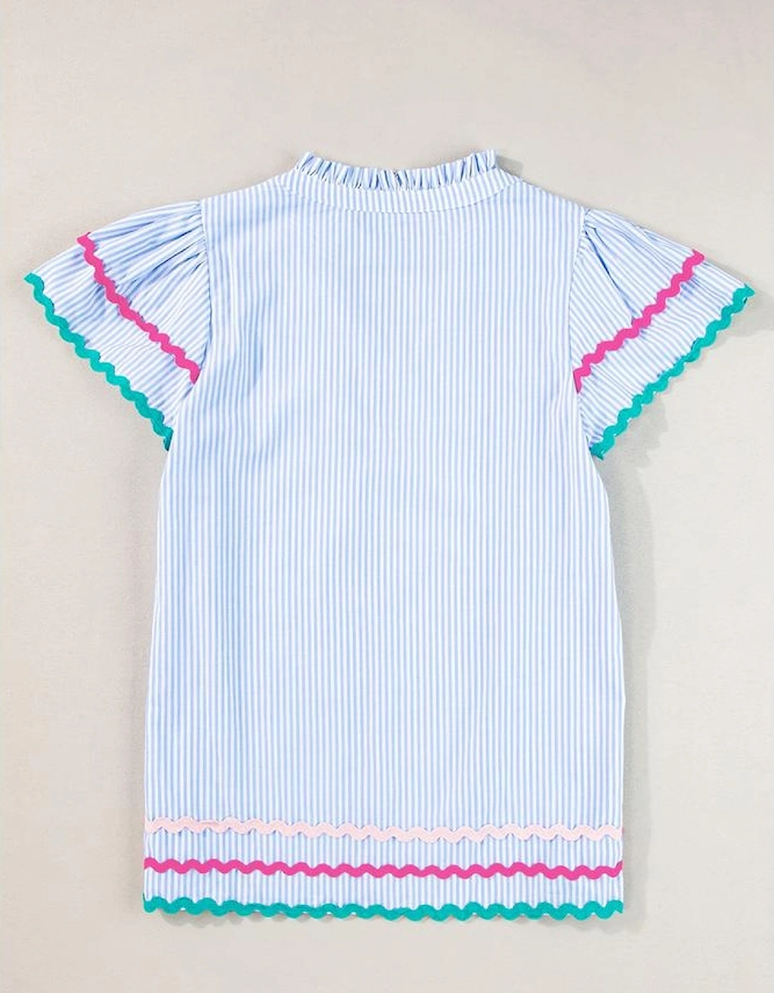 Sky Blue Stripe Ricrac Trim Split Neck Striped Ruffled Sleeve Blouse