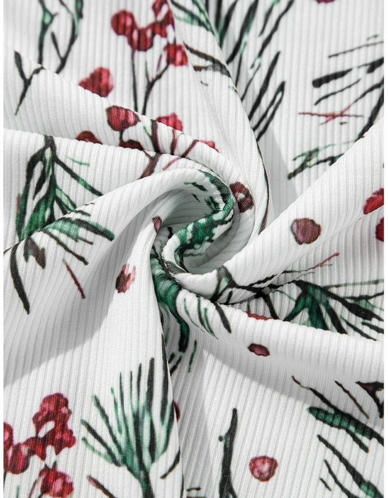 White Holly Print Thermal Pullover Pants Lounge Set