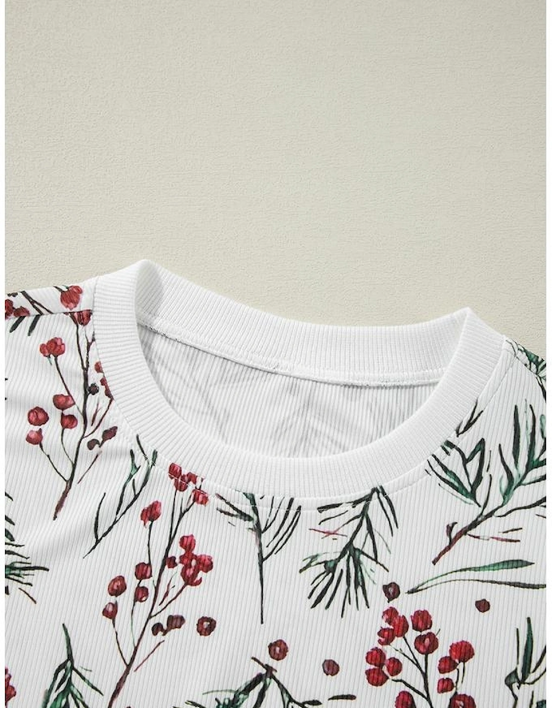 White Holly Print Thermal Pullover Pants Lounge Set