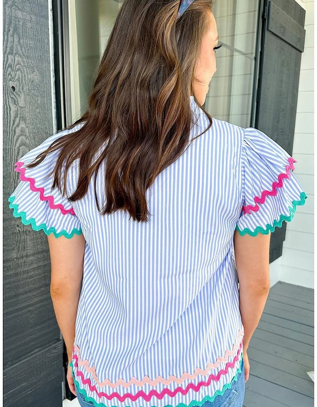 Sky Blue Stripe Ricrac Trim Split Neck Striped Ruffled Sleeve Blouse