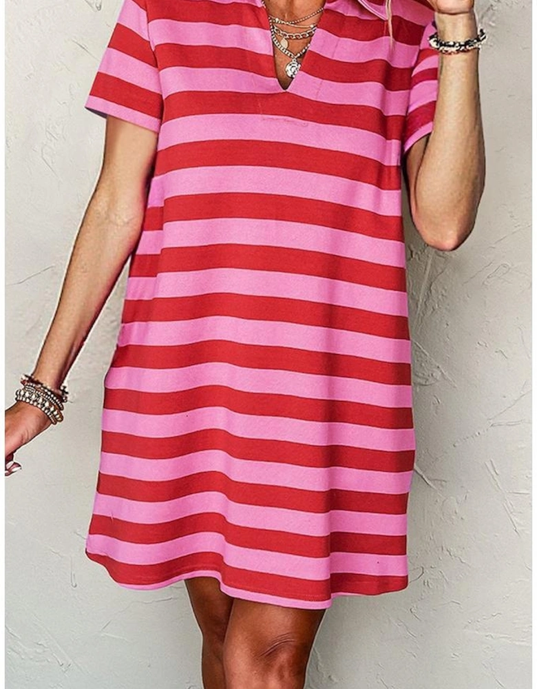 Red Stripe Textured Knit Collared V Neck Shift T Shirt Dress