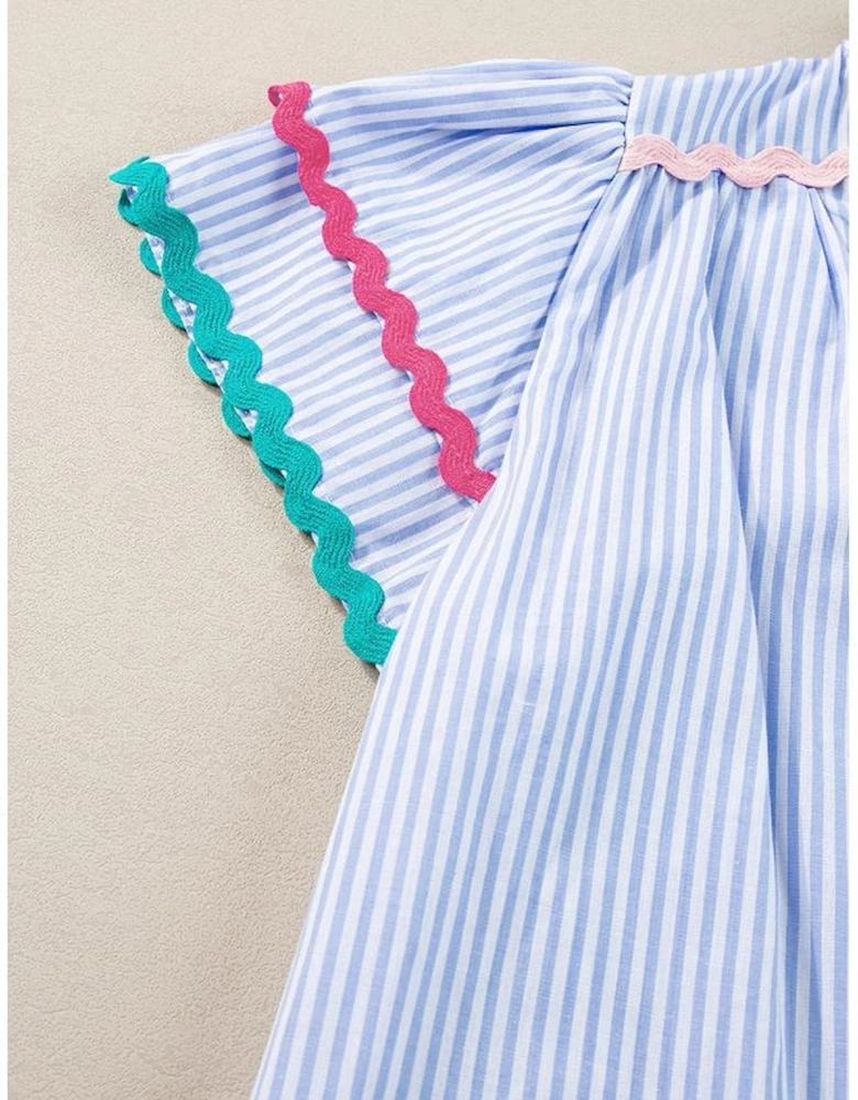 Sky Blue Stripe Ricrac Trim Split Neck Striped Ruffled Sleeve Blouse
