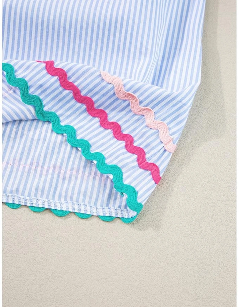 Sky Blue Stripe Ricrac Trim Split Neck Striped Ruffled Sleeve Blouse