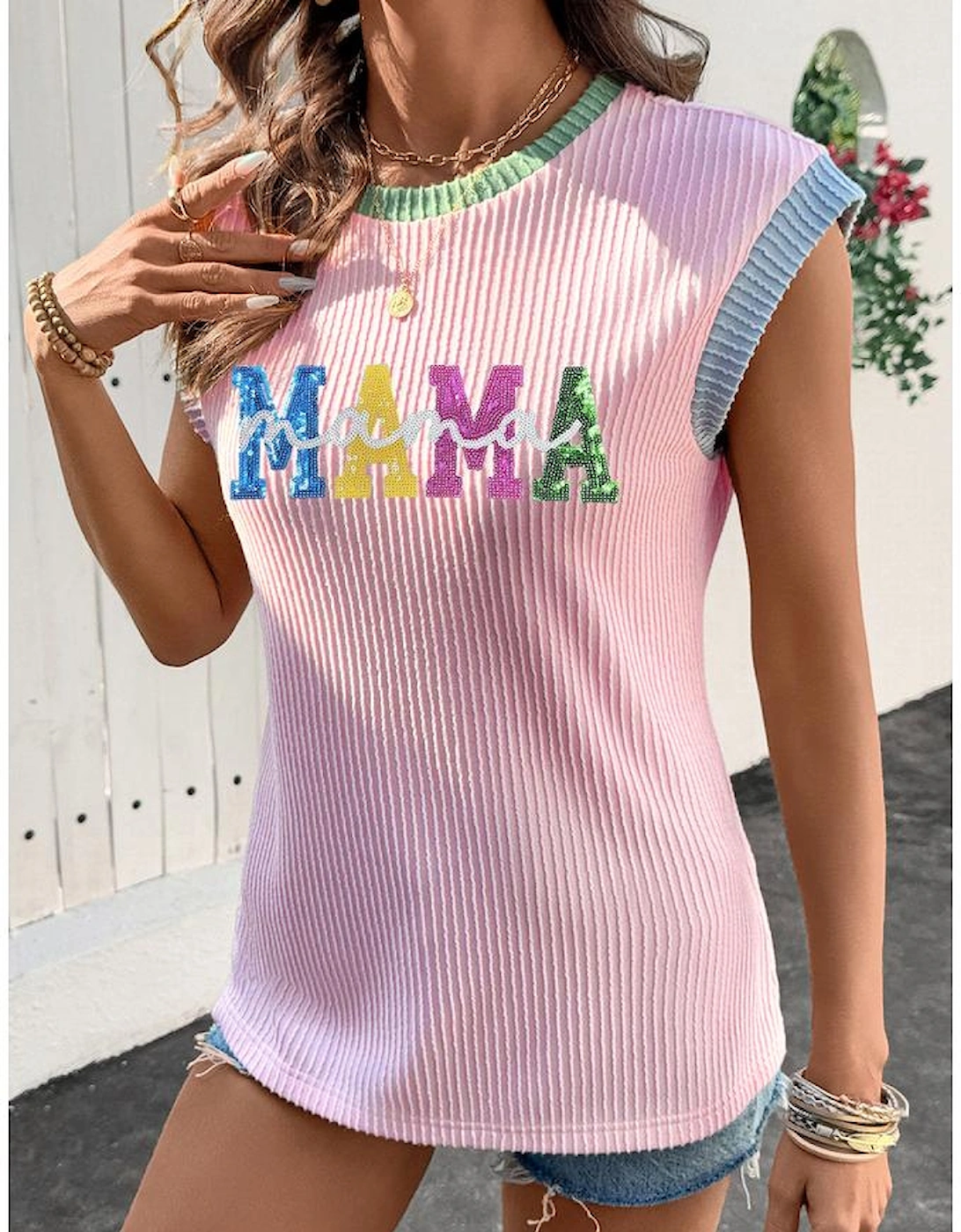 Pink Sequined MAMA Graphic Corded Rib Knit Colorblock T Shirt