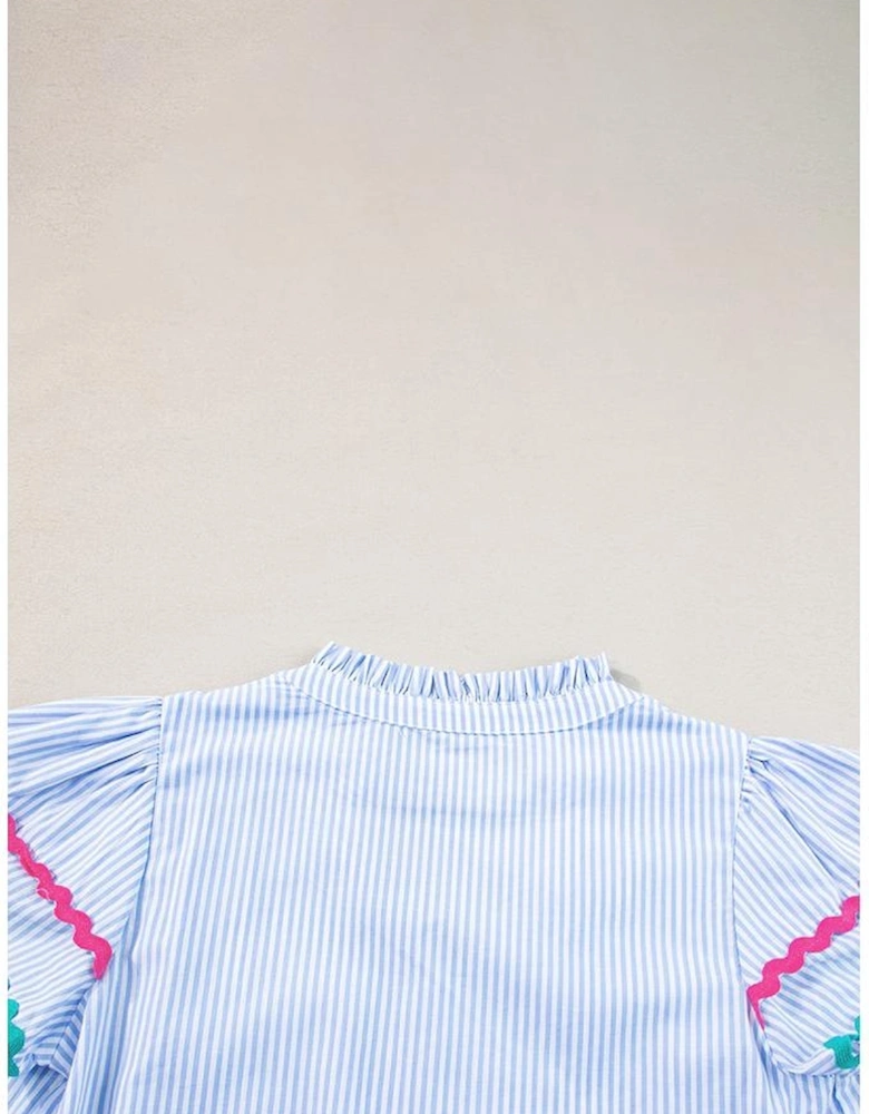 Sky Blue Stripe Ricrac Trim Split Neck Striped Ruffled Sleeve Blouse