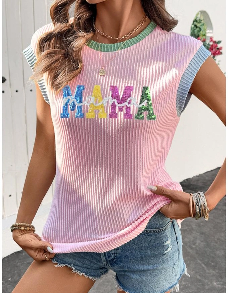 Pink Sequined MAMA Graphic Corded Rib Knit Colorblock T Shirt