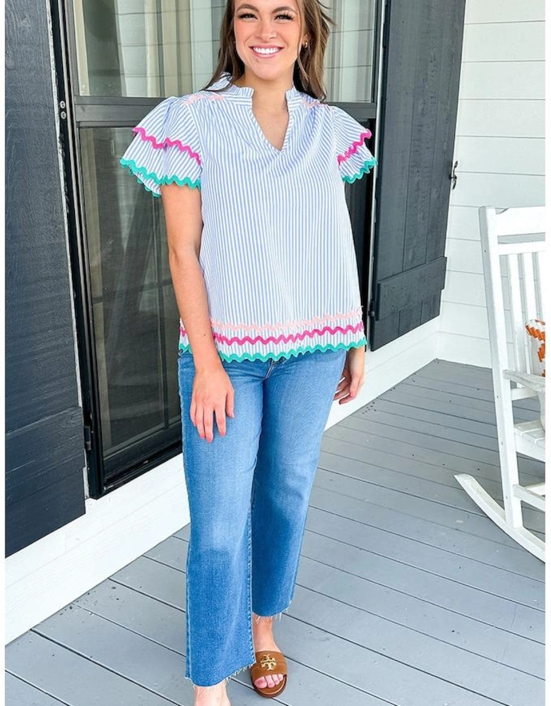 Sky Blue Stripe Ricrac Trim Split Neck Striped Ruffled Sleeve Blouse
