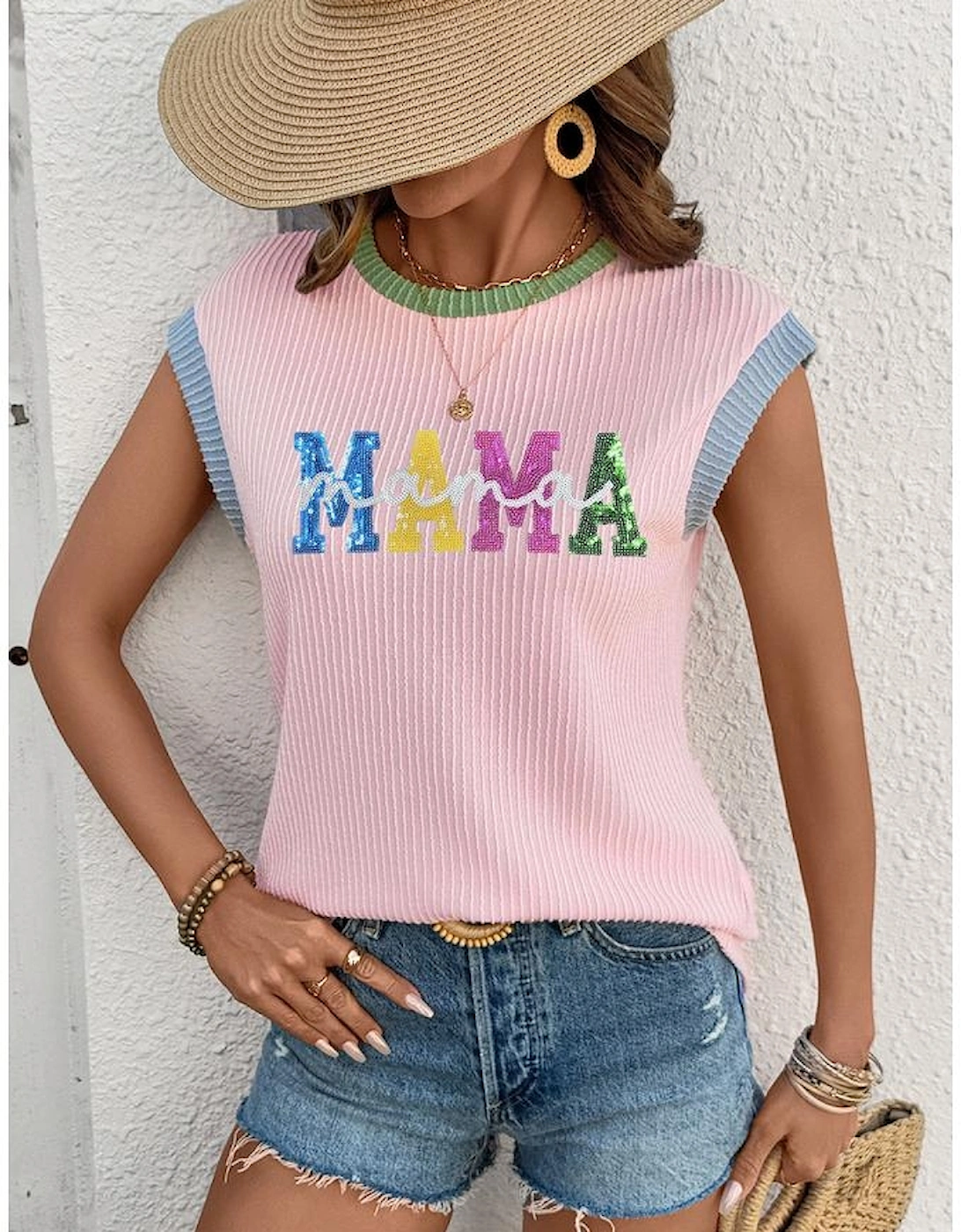 Pink Sequined MAMA Graphic Corded Rib Knit Colorblock T Shirt