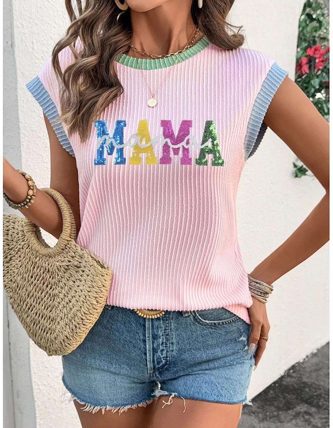 Pink Sequined MAMA Graphic Corded Rib Knit Colorblock T Shirt