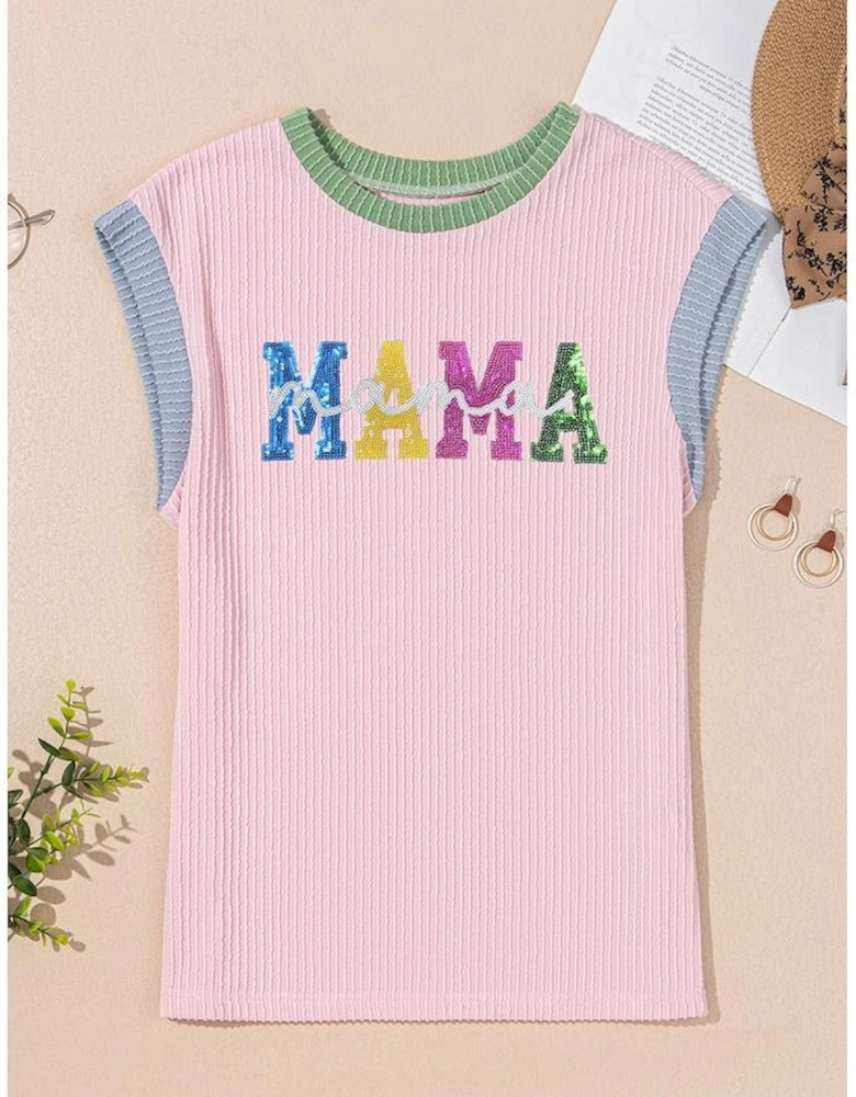 Pink Sequined MAMA Graphic Corded Rib Knit Colorblock T Shirt