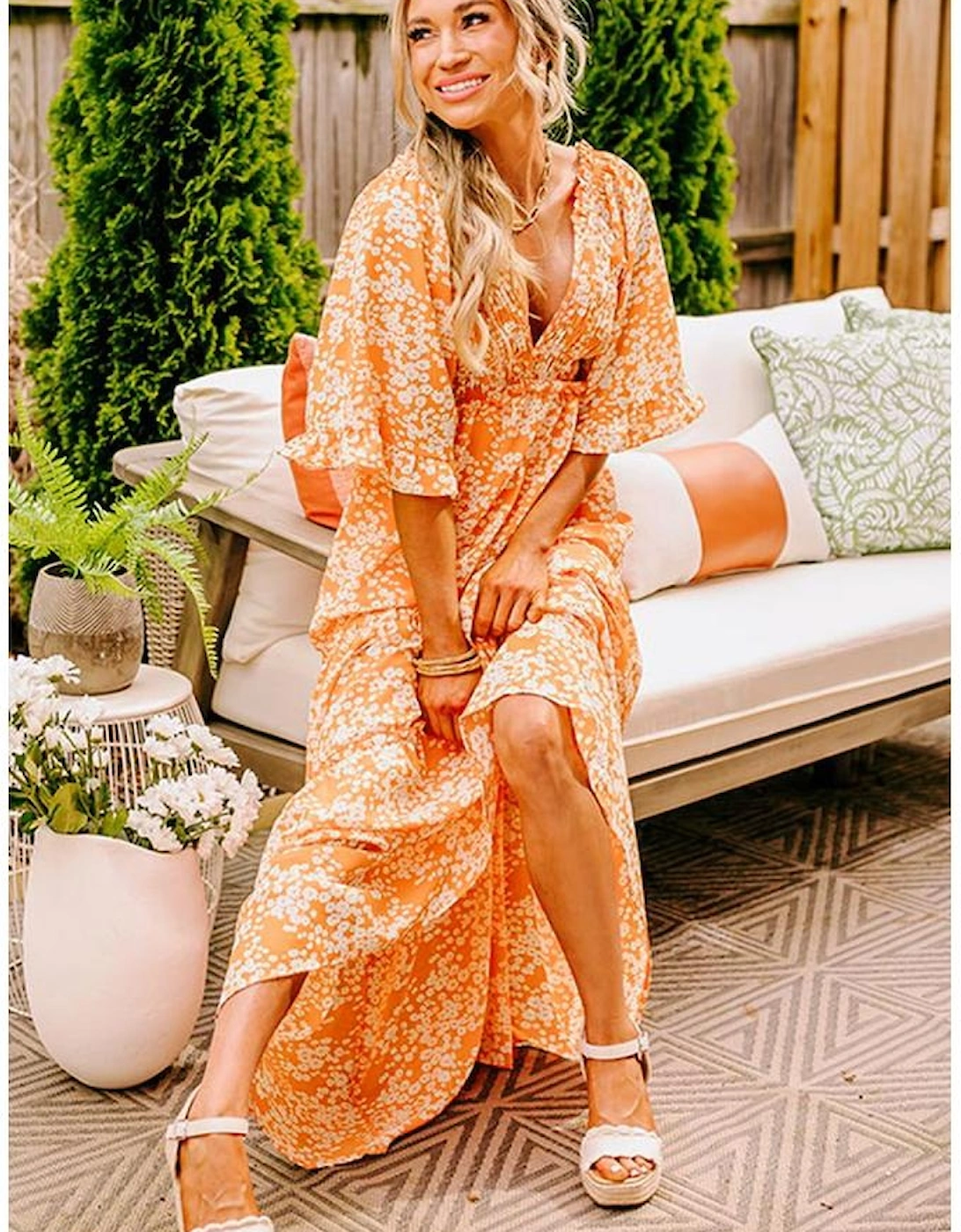 Orange Floral Print Smocked V Neck Wide Sleeve Maxi Dress, 13 of 12