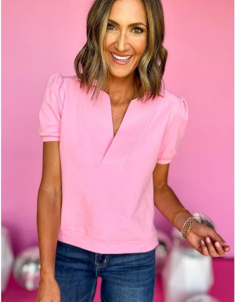 Pink Collared V Neck Puff Sleeve T-shirt
