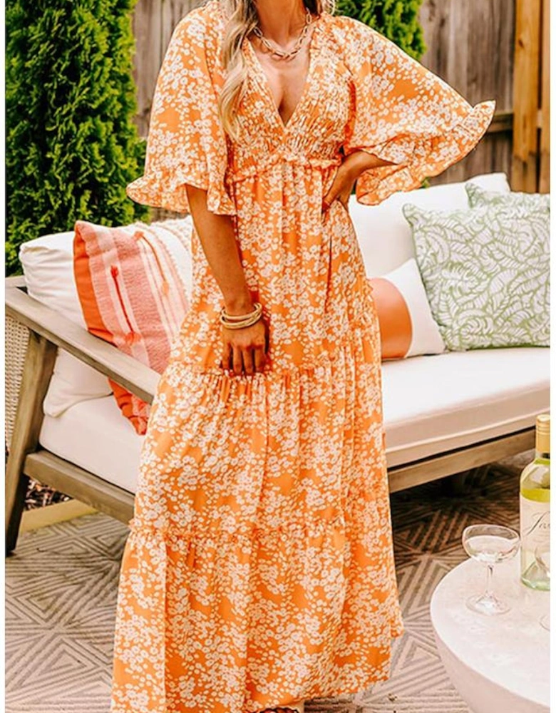 Orange Floral Print Smocked V Neck Wide Sleeve Maxi Dress