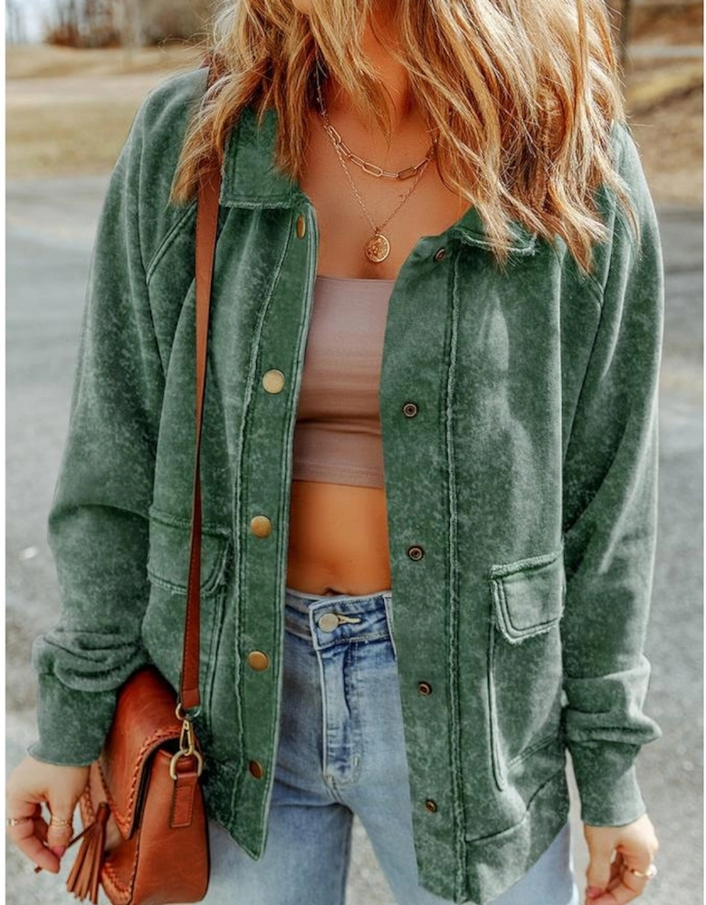Green Vintage Washed Flap Pocket Button Shacket