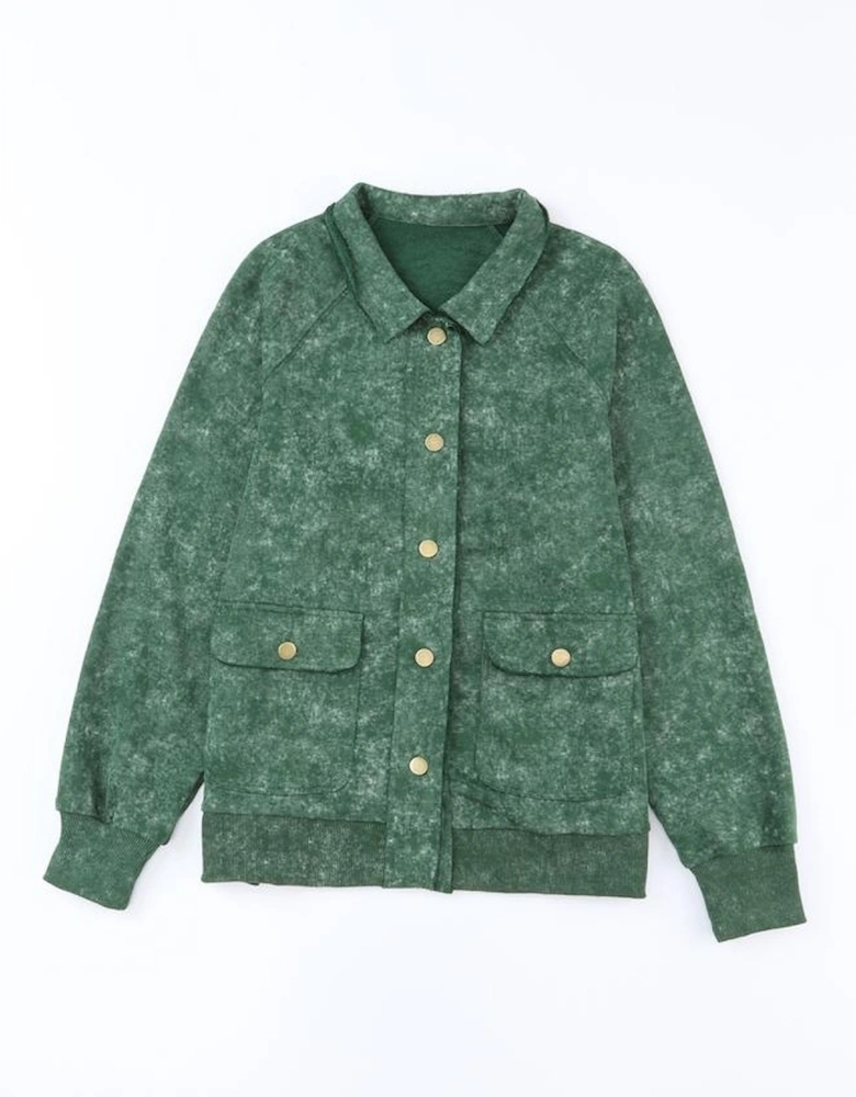 Green Vintage Washed Flap Pocket Button Shacket