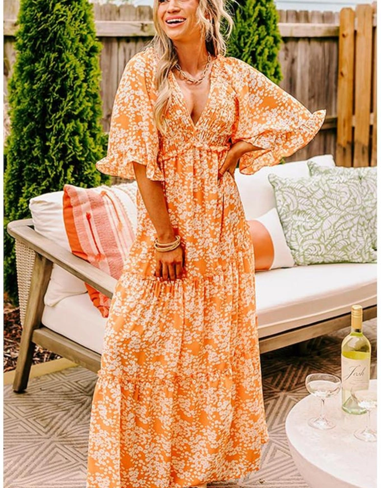 Orange Floral Print Smocked V Neck Wide Sleeve Maxi Dress