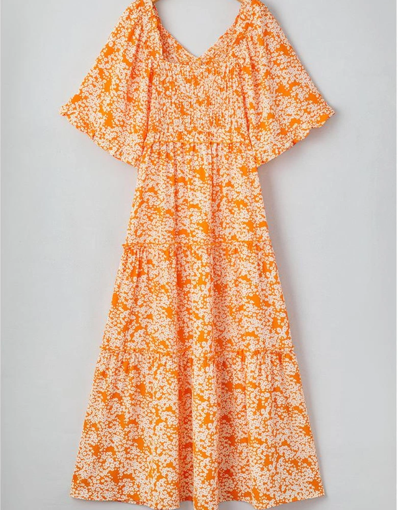 Orange Floral Print Smocked V Neck Wide Sleeve Maxi Dress