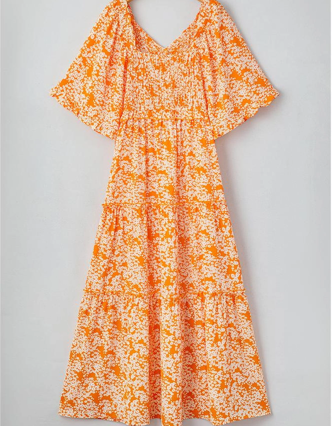Orange Floral Print Smocked V Neck Wide Sleeve Maxi Dress