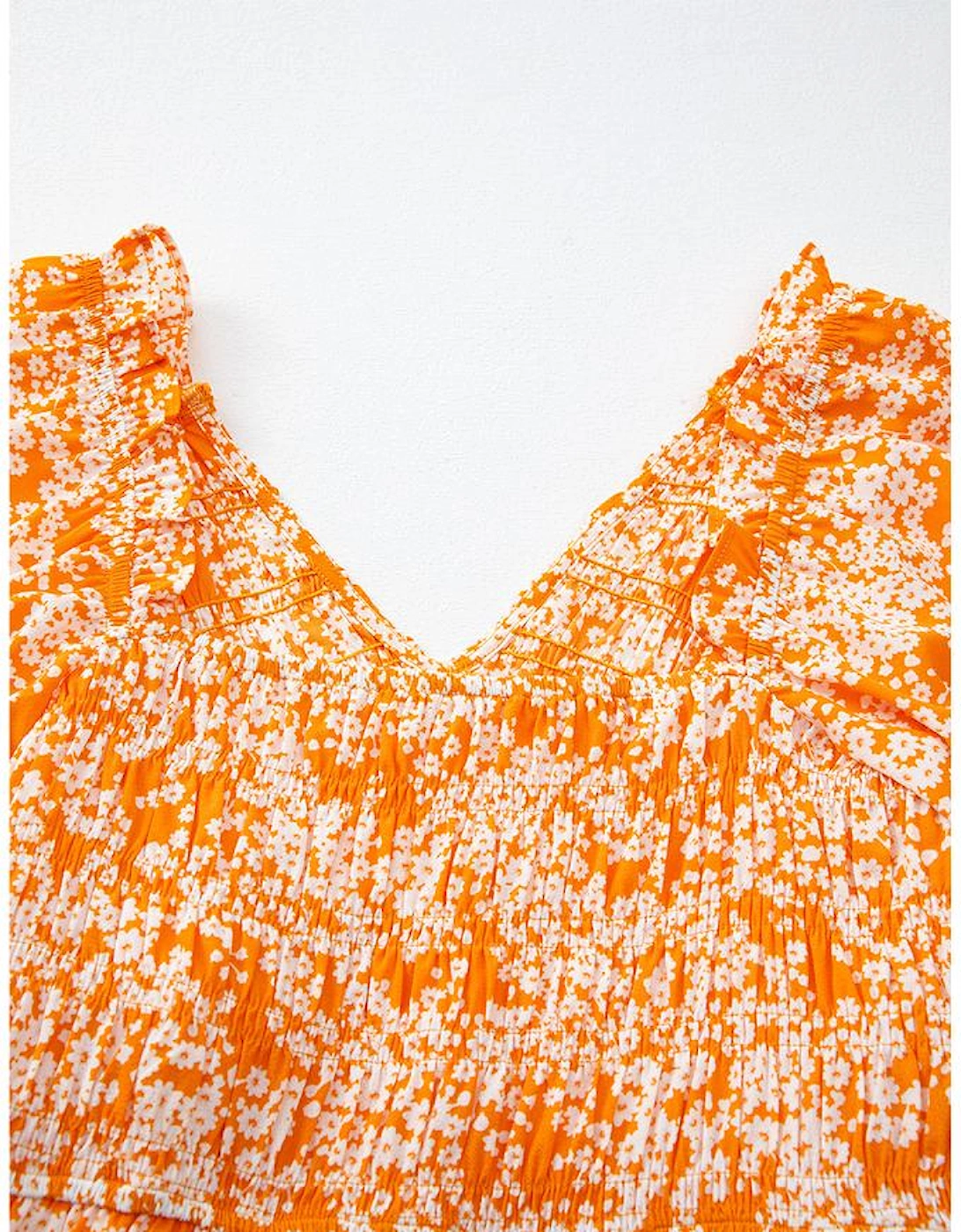 Orange Floral Print Smocked V Neck Wide Sleeve Maxi Dress
