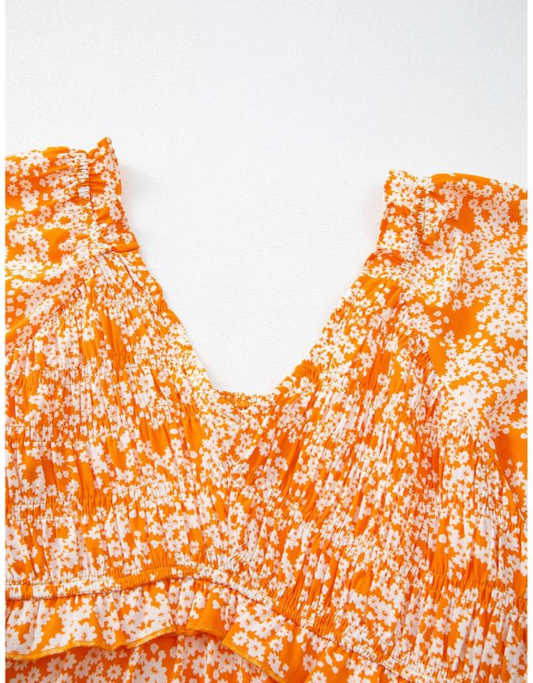 Orange Floral Print Smocked V Neck Wide Sleeve Maxi Dress
